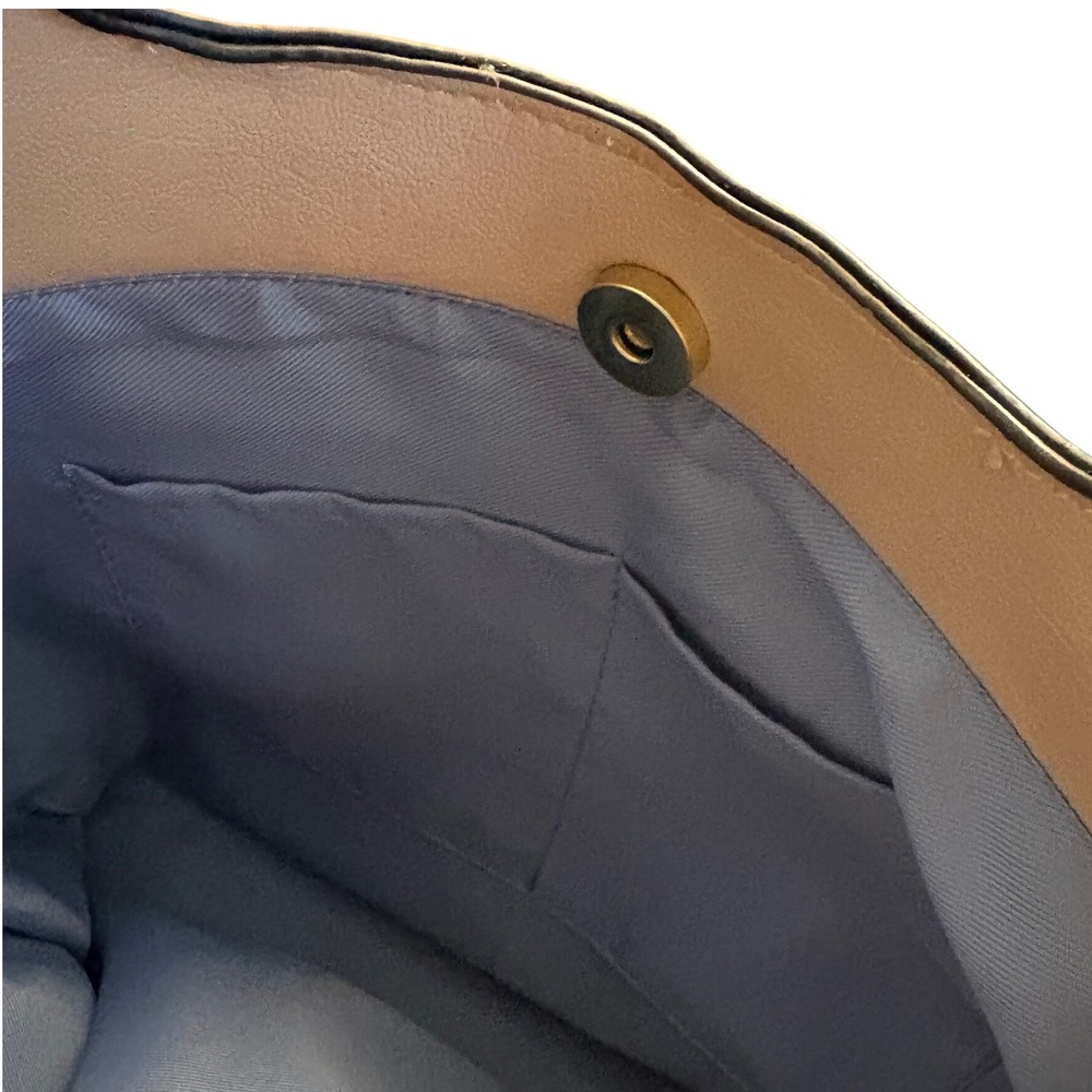 Beige Vegan-Leather Large Tote Bag Women Shoulder Bag Blue Lining Gold Hardware - Picture 6 of 8